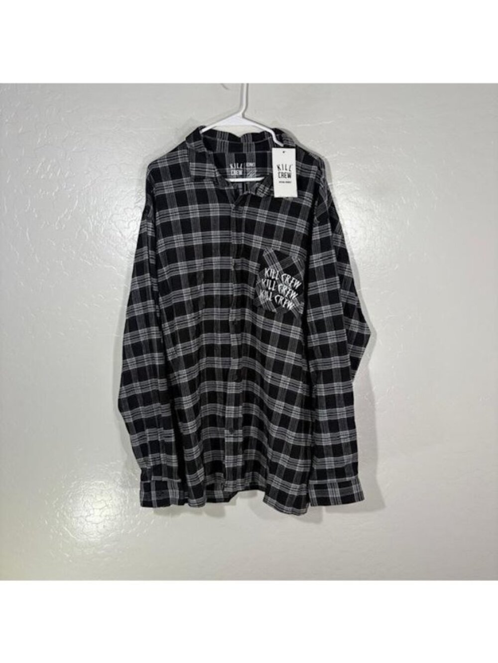 Kill Crew Shirt Mens 3XL Black Plaid Flannel Long Sleeve Button Up Grey Wolf